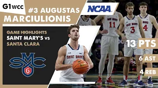 AUGUSTAS MARCIULIONIS game highlights Saint Mary's Gaels vs Santa Clara. Game 1 WCC Tournament. NCAA