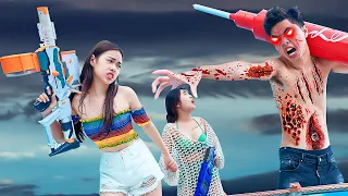FUNNY GAME SHOW CHALLENGE TWO GIRLS PRANK BATTLE Nerf Guns Zombies Attack In The Pool PVQ Nerf War