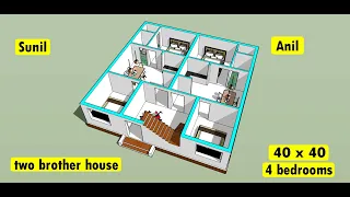 2 family House Design in Village II twin house plan design II 40 x 40 ghar ka naksha II 4 bhk house