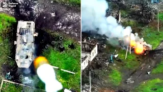 Ukrainian drone drops M430 grenades on a Russian BTR-82 and destroying it.