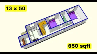 13 x 50 small house plan design II 650 sqft house design II 13 x 50 ghar ka naksha