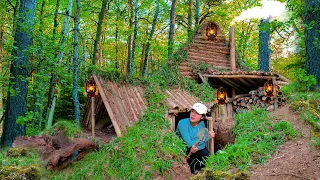 7 days building a survival shelter in the wild bamboo forest, Bushcraft DUGOUT camp with Fireplace