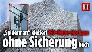 Illegal hochgeklettert: „Französischer Spiderman“ Alain Robert erklimmt Hochhaus in Frankfurt