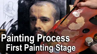 Painting Process of a Self Portrait in the Mirror, First Painting Stage in Oils.