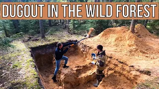 A large dugout in the forest  Cooking delicious soup over a campfire