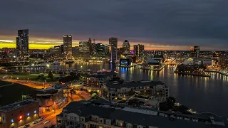 Stunning footage of Baltimore INNER HARBOR at night. - Evening Drone Flight above Federal Hill