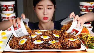 ASMR BLACK BEAN CUP NOODLES 6 CUPS! Fried Quail Eggs & Kimchi MUKBANG Eating Show