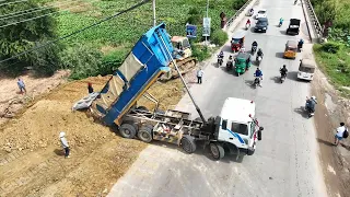 Great Work First Project Starting Land Filling Up Technique Skills Operator Truck Unloading Dirt