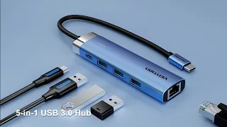 Vention USB 3.0 to USB 3.0 x 3/RJ45/USB-C Hub 0.15M Blue Aluminum Alloy Type TGF