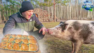 Life on forest farm in the Belarusian forest.Meeting of two farmers and cooking borscht with donuts