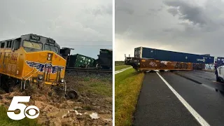 Train derails onto highway in Arkansas