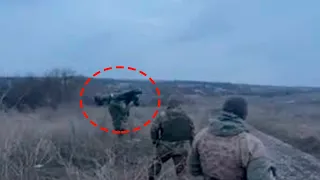 Rare footage of actual combat use of FGM 148 Javelin anti tank missile system by Ukrainian army