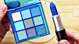 Slime Coloring with Blue Makeup! Mixing Blue Lipstick & Blue Eyeshadow Palette into Clear Slime!