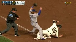 LAD@SF: Posey safe at third, Dodgers challenge call