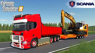 Farming Simulator 19 - SCANIA R500 TRIDEM Truck Is Transporting An Crawler Excavator LIEBHERR