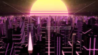 Fly Through Neon City Outrun Synthwave Buildings with 80s Retro Sun - IncrediVFX - AVloops