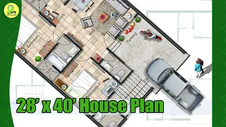 28×40 House Plan with Car Parking, Color Floor Plan, 28*40 home design,  #indianstyle #floorplan