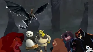 Simba, Po, Shrek, Hiccup and Toothless vs. Bear (Fox and hound), Koda's Mum, (Balto) Bear and Mor'du