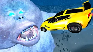 BeamNG.drive - Cars Jumping into Mouth of Mad YETI Snow Monster