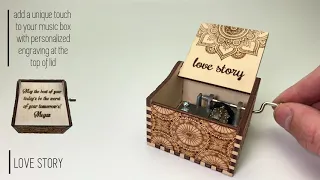 Love Story (1970) movie theme tune hand crank wood music box with personalized engraving