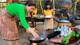 Mother cooking fish curry with duck egg recipe- Fresh fish cooking for dinner +2 food of survival