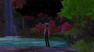 Peaceful Pristine Glade Waterfall Night | Forest Cricket Sounds & Music Nature | LOTRO Fishing