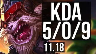 KLED vs PANTHEON (TOP) | 5/0/9, 1600+ games, 1.6M mastery | KR Master | v11.18