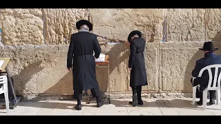 An ultra-Orthodox father and son praying at the Western Wall (Wailing Wall), Jerusalem, Israel