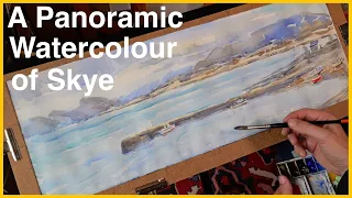 A Large Panoramic Watercolour Painting of  Broadford Harbour, Skye