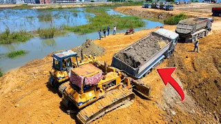 Entire Project !! Incredible KOMATSU Bulldozer Pushed & Cover Truck Fail Loading and Spreading Soil
