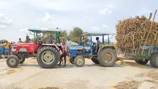 Mahindra tractor 555 DI and Swaraj tractor 744 FE pulling heavy sugarcane load | Tractor Video