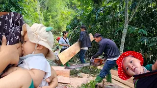 with wife and children he went to saw wood to build a chicken coop