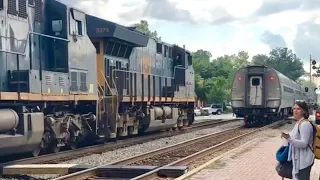CSX Freight Train Passes Amtrak Train + Street Running Coal Train Follows!  Ashland Virginia Trains!