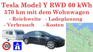 Tesla Model Y RWD 60 kWh mit Wohnwagen über 570 km Verbrauch, Reichweite, Kosten