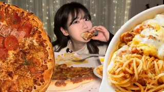 요즘 핫한 노모어 옥수수새우피자와 더블페퍼로피자🍕 그리고 직접 만든 오븐 스파게티까지🍝!👅 야식 ASMR