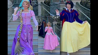 11 DISNEY PRINCESSES Walk Down MAGIC KINGDOM Staircase in HOLIDAY GOWNS greeting guests | Stunning!