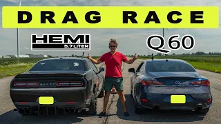 Challenger R/T 5.7 takes on Infiniti Q60 3.0T, one gets walked bad! Drag and Roll Race.