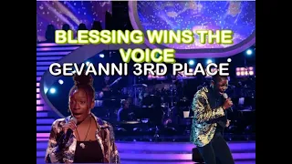 BLESSINGS WINS THE VOICE 20-20 GEVANNI HUTTON FROM JAMAICA PLAVED THIRD.