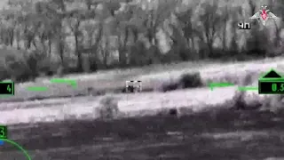 Moving Ukrainian armoured vehicles get struck by guided missiles fired from Russian Ka-52 helicopter