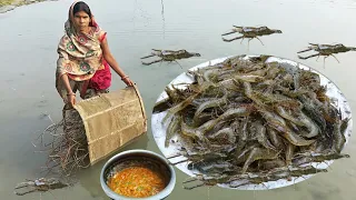 amazing catching, fish curry recipe in village ।village ka famous prawns fish । eating and cooking