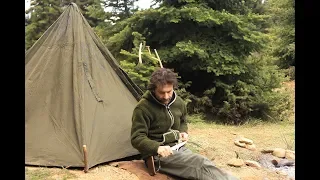 Solo 3 Days Bushcraft on a mountain lake, Canvas Lavvu tent, carving tongs and grill, cooking...