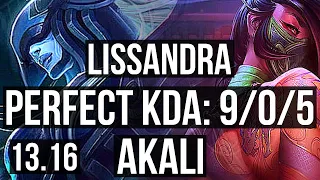LISSANDRA vs AKALI (MID) | 9/0/5, Legendary, 500+ games | NA Grandmaster | 13.16