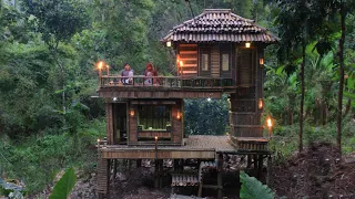 Building Multi-Story Bamboo House in Heavy Rain with Thunder Overnight Comfortably in Elevated House