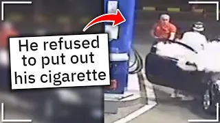 Gas station worker puts out cigarette