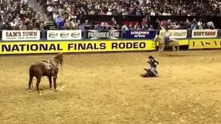 Trevor Brazile laying down a 6.8 to win the tie-down roping on the first night of the 2015 NFR