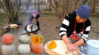 Grandma cooked Traditional Azerbaijani Pumpkin Qutabs in the Village