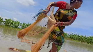 Amazing net fishing | Village women net fishing floating on banana plante | village women fishing