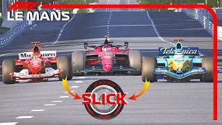 Ferrari F1 2022 vs Ferrari F1 2004 vs Renault F1 2005 R25 (ALL SLICK TIRES) - Le Mans 24h Circuit