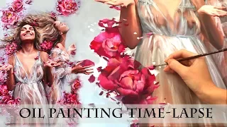 OIL PAINTING TIME LAPSE || "Blossom Rain" || Working process using silver leaf