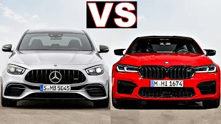 BMW M5 경쟁 vs 메르세데스 AMG E 63 S (2021) 고성능 럭셔리 세단 자동차! (검토)